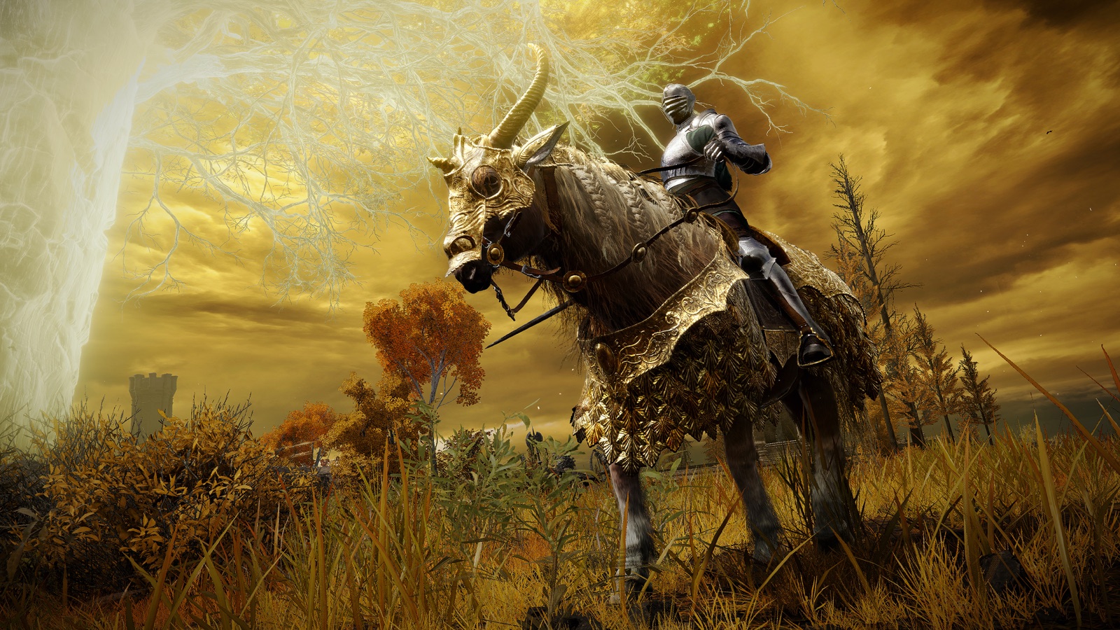 An armored rider on Torrent, who wears golden barding, in tall grass beneath a glowing tree