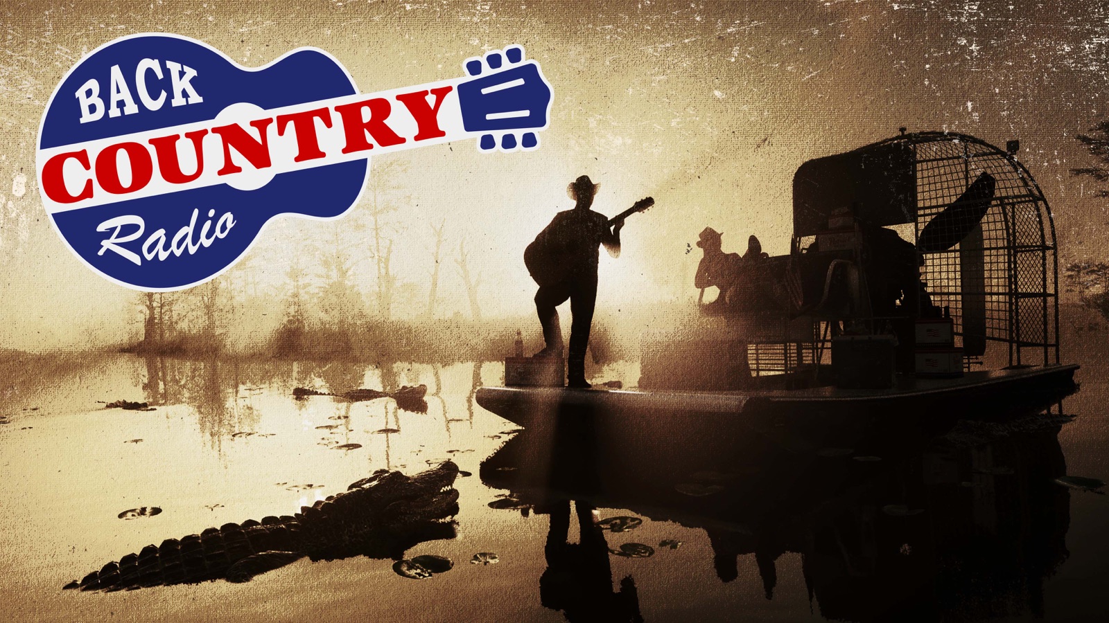 Back Country Radio artwork: a backlit silhouette holding a guitar on a boat surrounded by gators, with the Back Country Radio logo