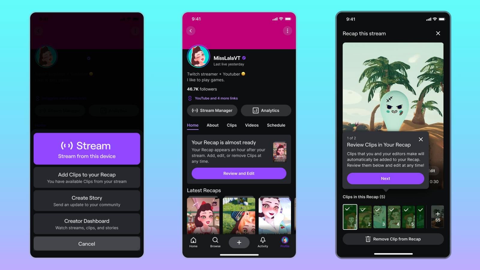 Three phone screens showing how to review a Stream Recap on mobile